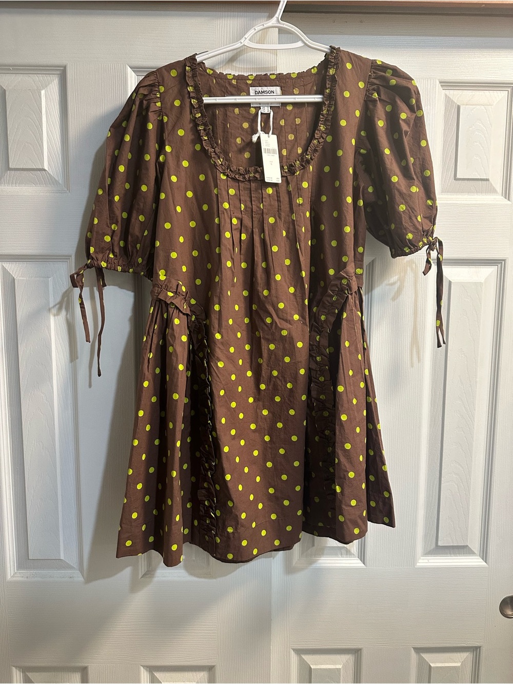 Damson Chocolate Brown Polka Dot Mini Dress with Lime Spots